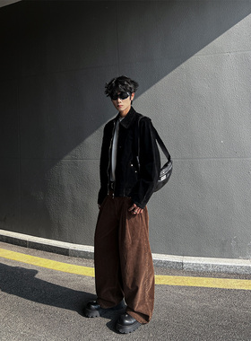 THREENINE 复古压褶设计感灯芯绒工装裤男女高级感宽松直筒长裤潮