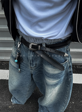 THREENINE 原创小众设计感真皮细窄双层皮带cleanfit黑色腰带男女