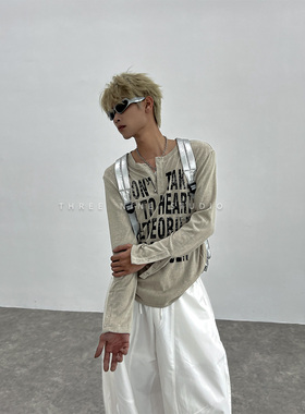 THREENINE 小众街头朋克字母印花T恤男女修身圆领纽扣套头长袖潮
