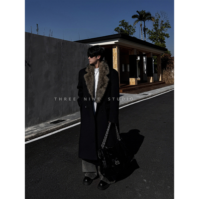 仿貂毛领长款过膝毛呢大衣