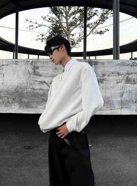 THREENINE 韩系假两件衬衫领卫衣男长袖宽松休闲小众设计感上衣潮