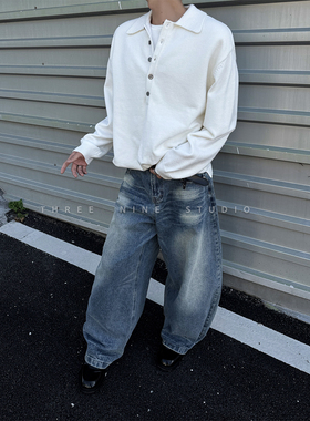 THREENINE 亨利领假两件针织毛衣男ins高级感秋冬打底衫慵懒上衣