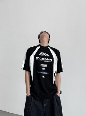 THREENINE 小众街头美式复古拼色设计感短袖男女夏季宽松机能T恤