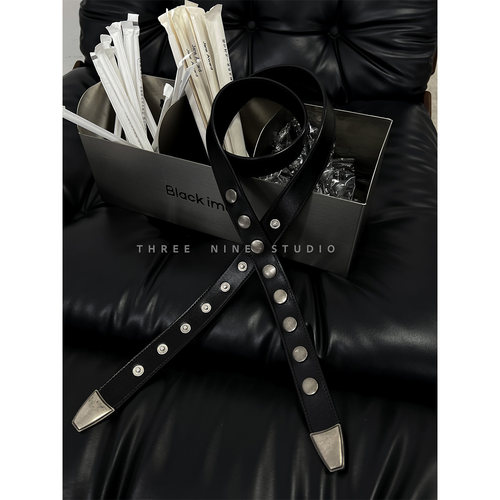 真皮铆钉排扣皮带黑色金属扣腰带