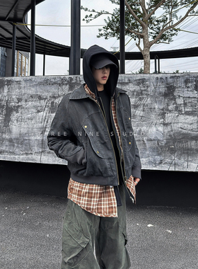 THREENINE 重磅水洗做旧短款牛仔棉服外套男解构设计感夹棉夹克潮