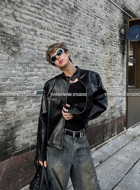 THREENINE 小众秋冬多片拼接设计感复古拉链皮衣男女街头机车夹克