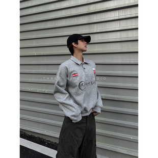 卫衣男 POLO印花套头翻领徽章休闲运动长袖 THREENINE 韩系街头短款