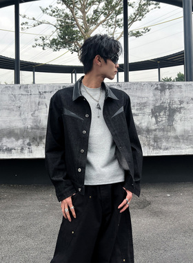 THREEINE 复古小众设计拼皮翻领夹克男女黑色宽松百搭高级感外套