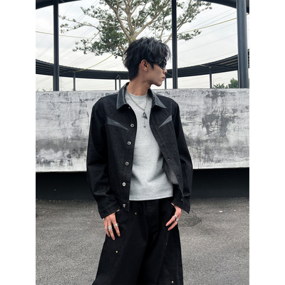 THREEINE小众设计拼皮翻领夹克男