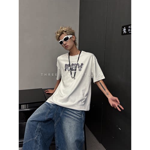 THREENINE小众龙虾扣烫图印花t恤