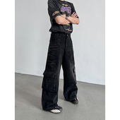 美式 街头水洗纹理重工牛仔工装 裤 THREENINE 男宽松高级感阔腿裤 潮