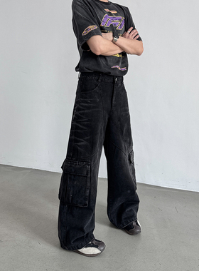 THREENINE 美式街头水洗纹理重工牛仔工装裤男宽松高级感阔腿裤潮