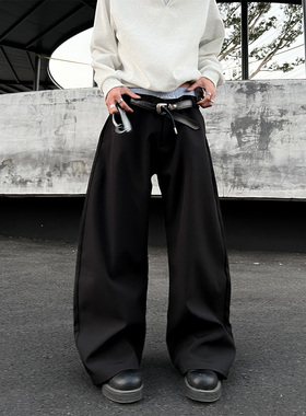 THREENINE原创小众设计感拼接裤腰黑色阔腿西裤男宽松垂感休闲裤