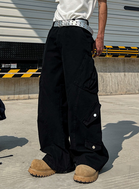 THREENINE 街头工装结构多口袋设计感廓形弯刀裤男女宽松休闲长裤