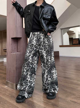 THREENINE 小众街头时髦黑色豹纹牛仔裤男女复古休闲裤子宽松阔腿