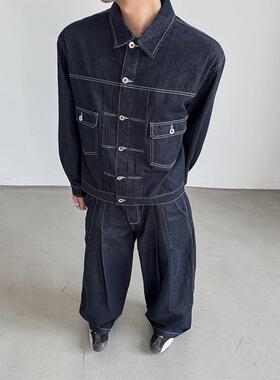 THREENINE 街头辑明线工装短款高级感牛仔外套男复古原色丹宁套装