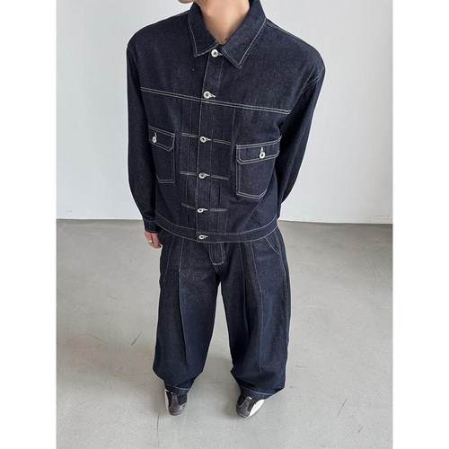 THREENINE 街头辑明线工装短款高级感牛仔外套男复古原色丹宁套装