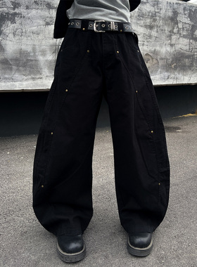 TNREEHINE美式解构铆钉水洗阔型弯刀工装裤男女宽松百搭阔腿裤潮