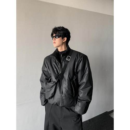 THREENINE 秋冬pu皮半拉链背包套头立领棉服男女三防保暖宽松上衣