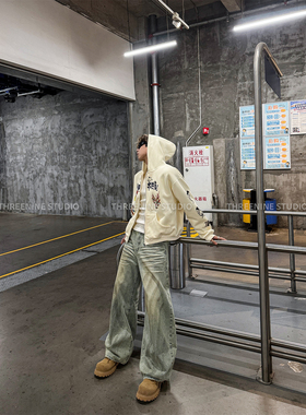 THREENINE 水洗复古猫须折痕阔腿牛仔裤男女百搭街头高级感宽松裤