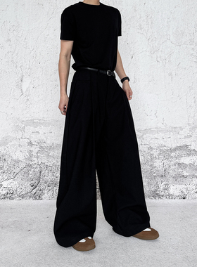 THREENINE 黑色垂感阔型阔腿西裤男休闲高级感压褶设计休闲直筒裤