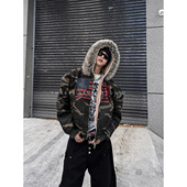 THREENINE 小众街头毛领加绒加厚迷彩卫衣外套男女时髦百搭座山雕