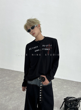 THREENINE 美式高街字母十字架印花亨利领T袖男女宽松休闲长袖潮