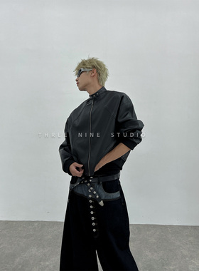 THREENINE 复古立领短款pu皮衣夹克男高级质感宽松痞帅机车外套潮