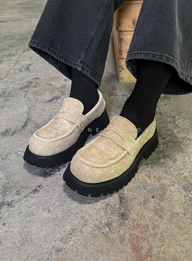 THREENINE 韩系毛绒鞋面一脚蹬乐福鞋男高级老钱风厚底休闲豆豆鞋