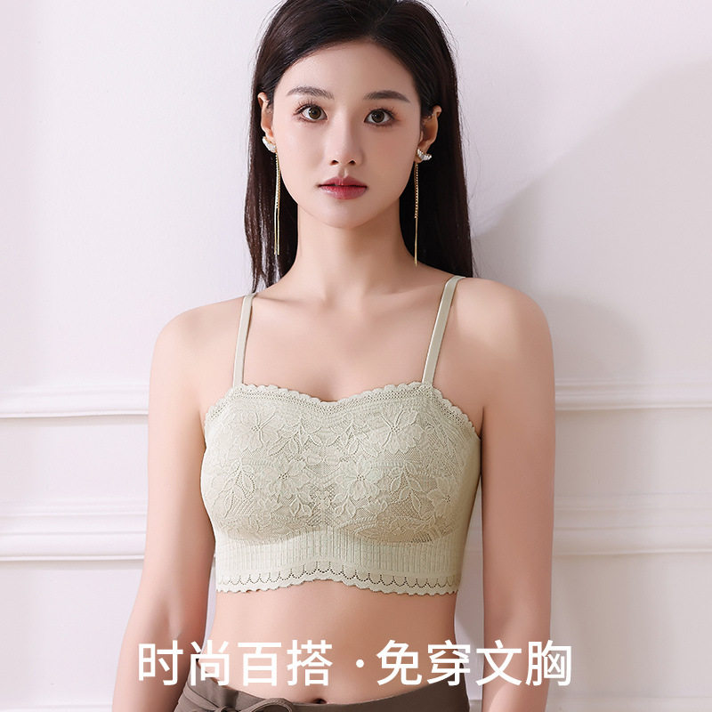 新款吊带背心带胸垫抹胸蕾丝内衣女聚拢上托防下垂百搭裹胸夏