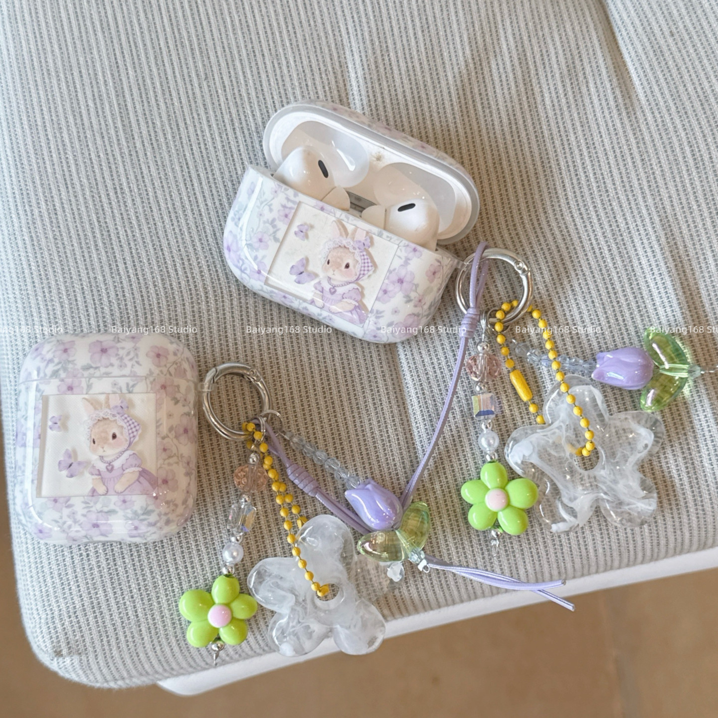 卡通紫色花朵小兔适用airpods4代保护套苹果耳机保护壳air