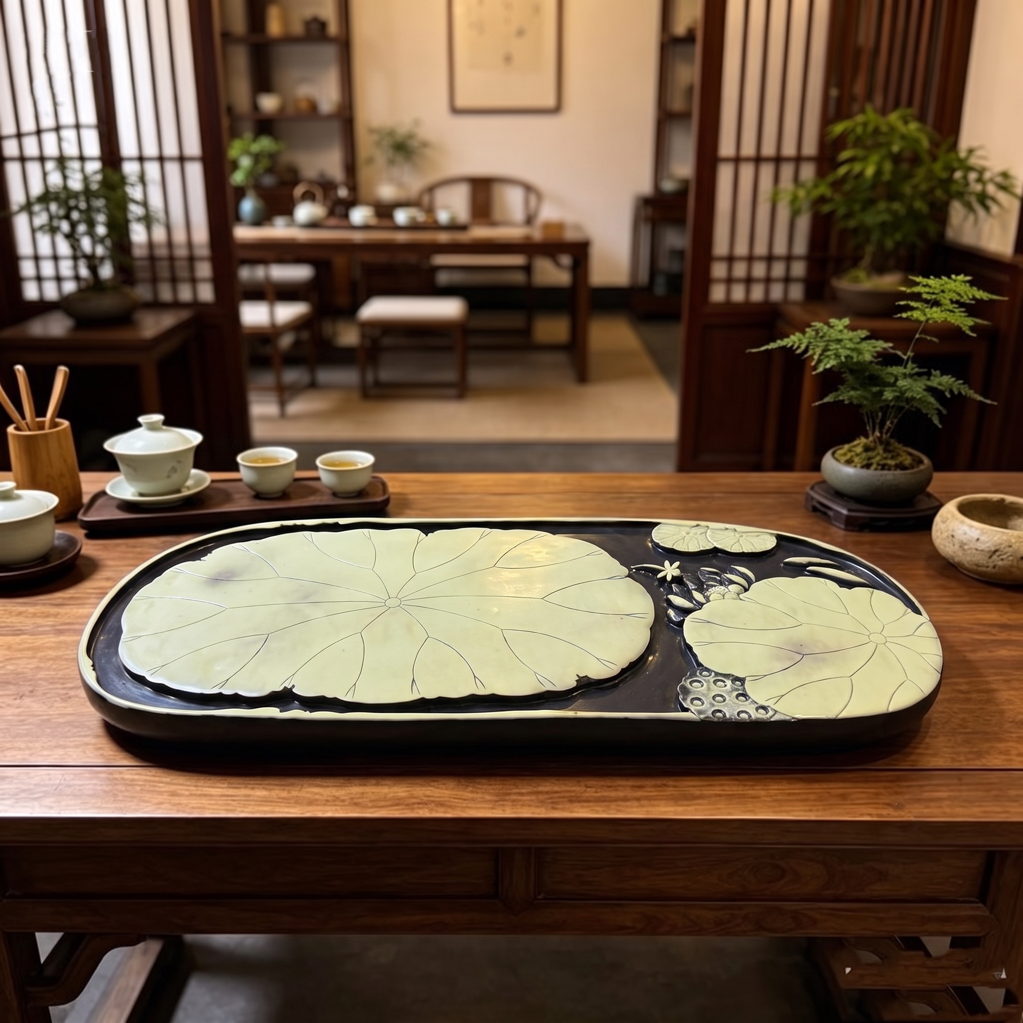 石雕荷花茶盘干泡紫袍玉手工雕刻茶盘茶海收藏工艺品