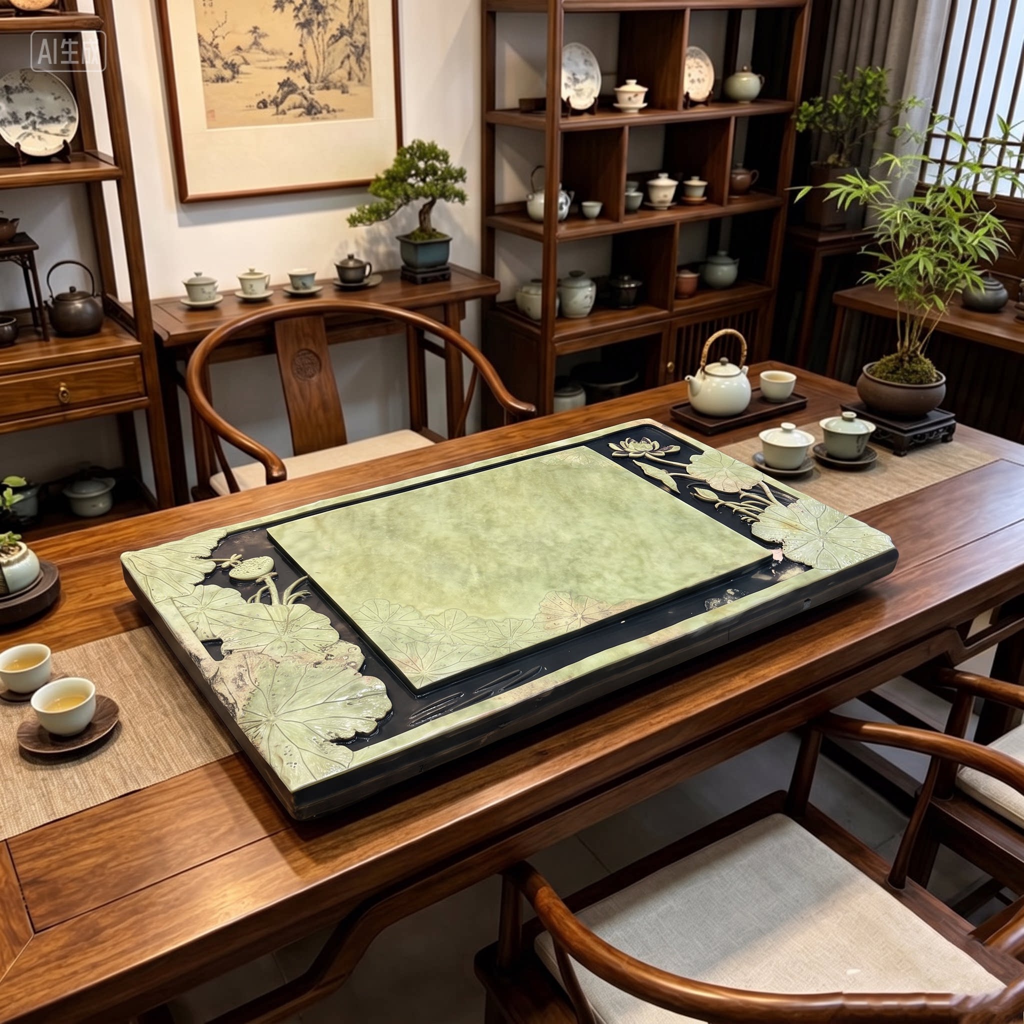 八特石雕一路连科茶盘干泡紫袍玉手工雕刻茶盘茶海收藏工艺品