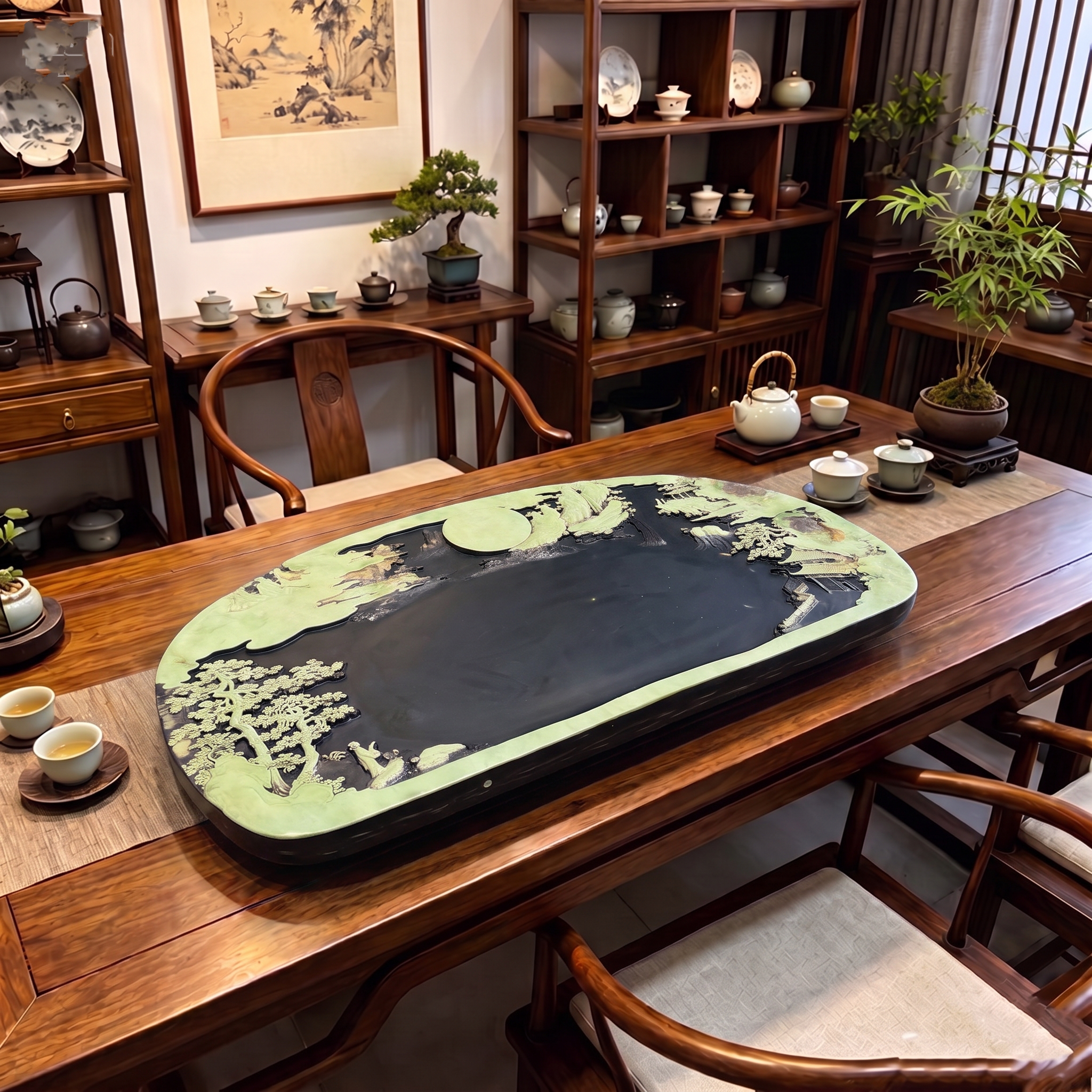 石雕山水茶盘贵州紫袍玉手工雕刻茶盘茶海收藏工艺品