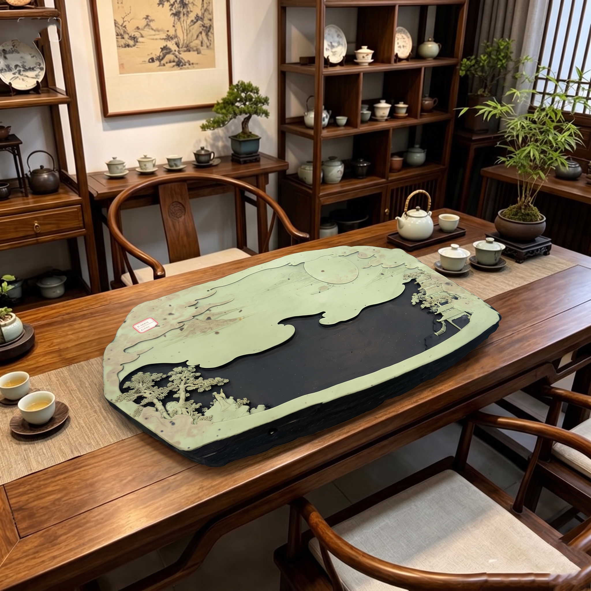 贵州天然紫袍玉带石茶盘梵净山水雕刻长方形老料大师工简约风格