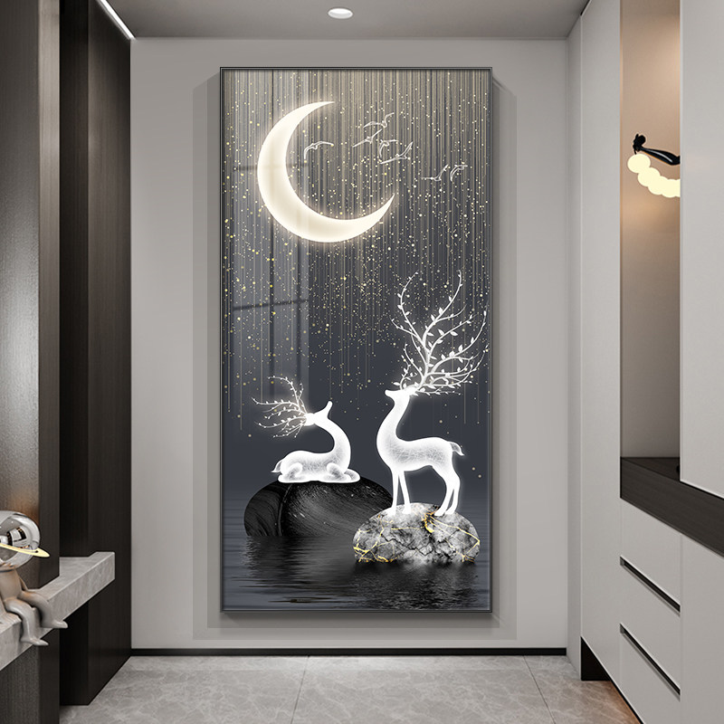 福鹿望月 玄关画轻奢现代高档进门墙面装饰壁画新款走廊尽头挂画