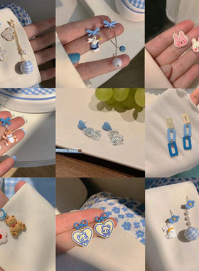 耳环新款2025年蓝色耳钉女学生韩版可爱925银百搭不对称蓝色耳环