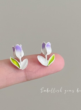 新款 紫色不对称猫眼郁金香花朵耳钉 甜美少女心耳环精致小巧耳饰