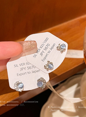 新款S925银针小众高级感蝴蝶结蓝色猫眼石耳钉女百搭气质星月耳环