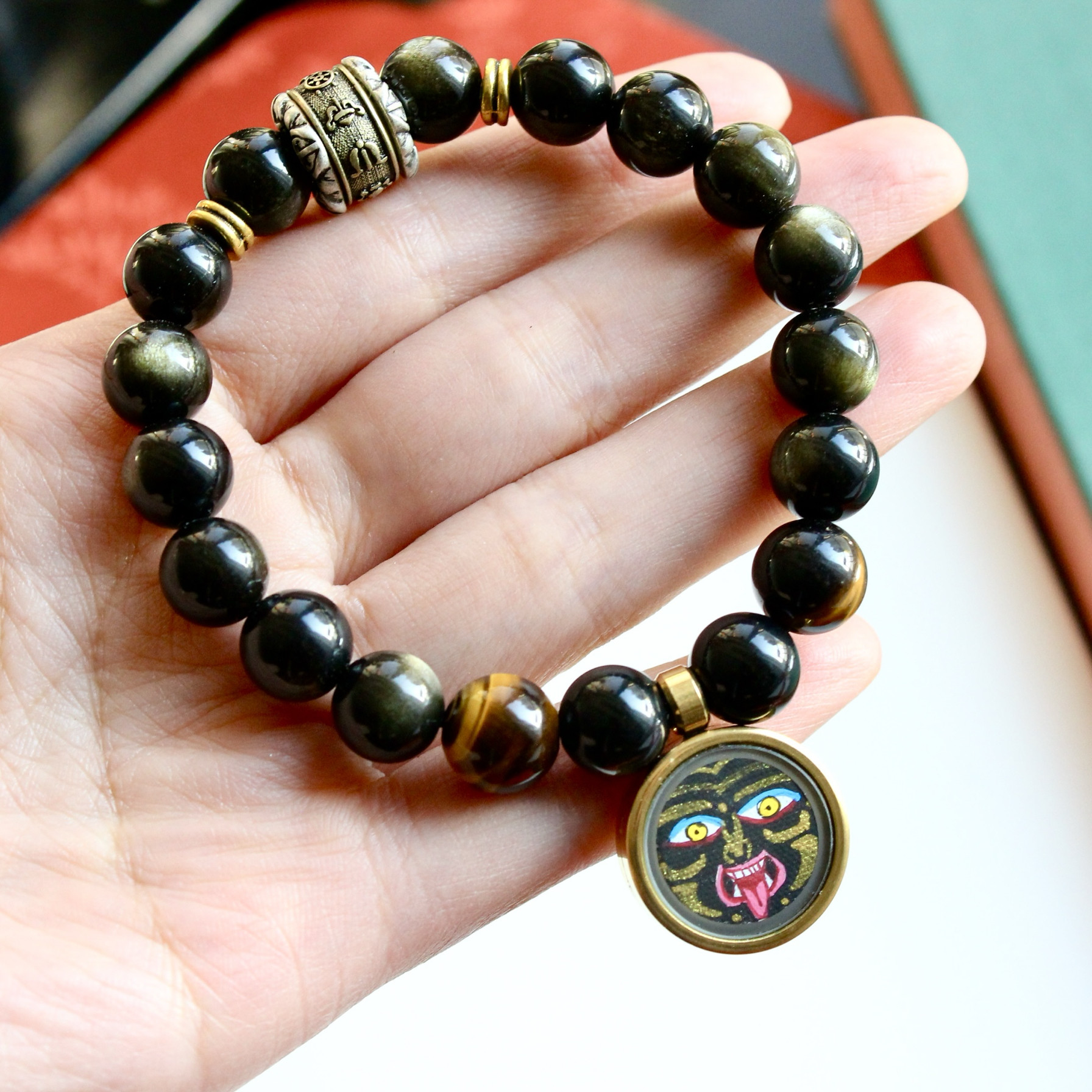 黑曜石扎基拉姆黑金小唐卡金耀石黄虎眼手链男女款10mm情侣礼物