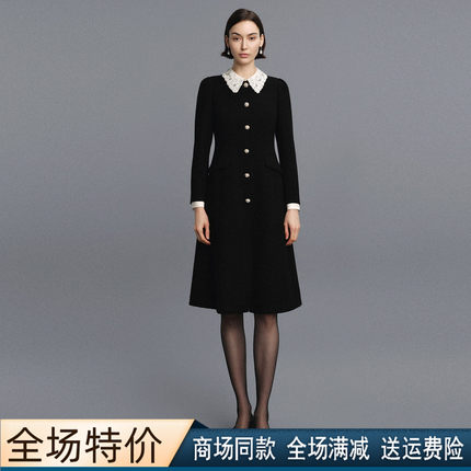 珂莱商场同款2026秋冬季新款黑色毛呢修身显瘦翻领中长款连衣裙女