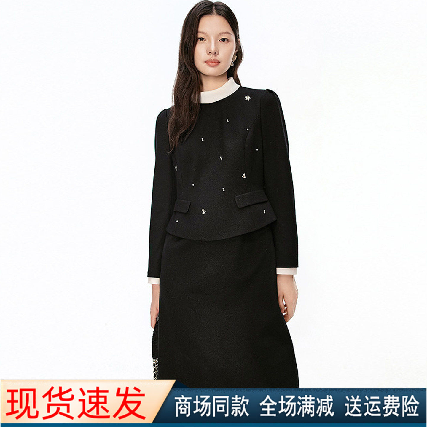 春冬季圆领假两件毛呢子连衣裙女