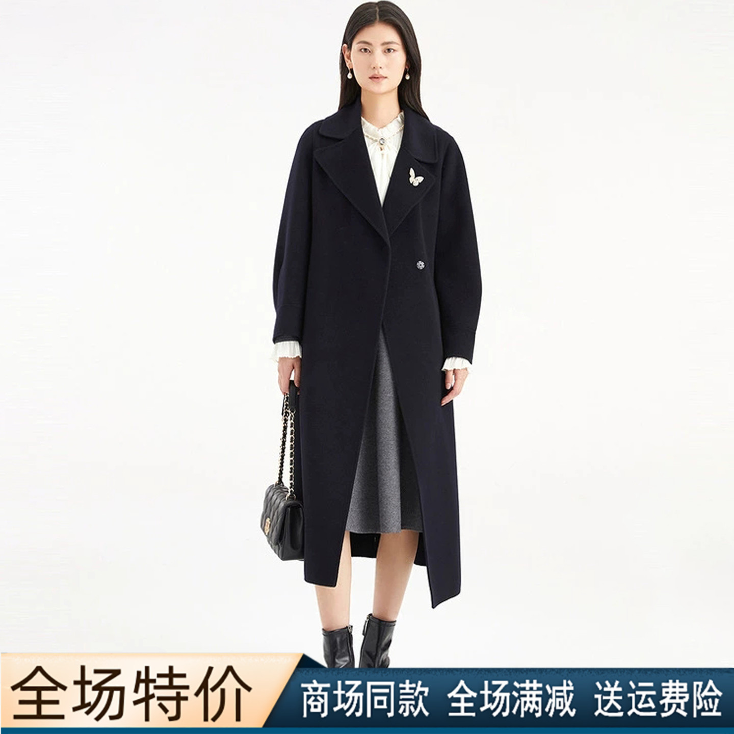 冬季系带中长款羊毛呢大衣外套女
