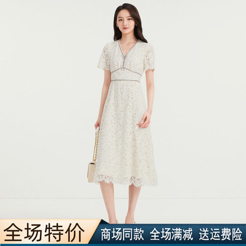 夏季新款蕾丝显瘦V领短袖连衣裙
