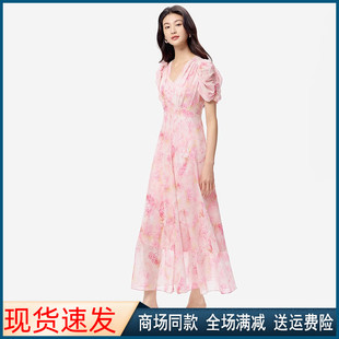 碎花修身 珂莱商场同款 V领短袖 2025夏季 显瘦连衣裙子KF12677R1 新款