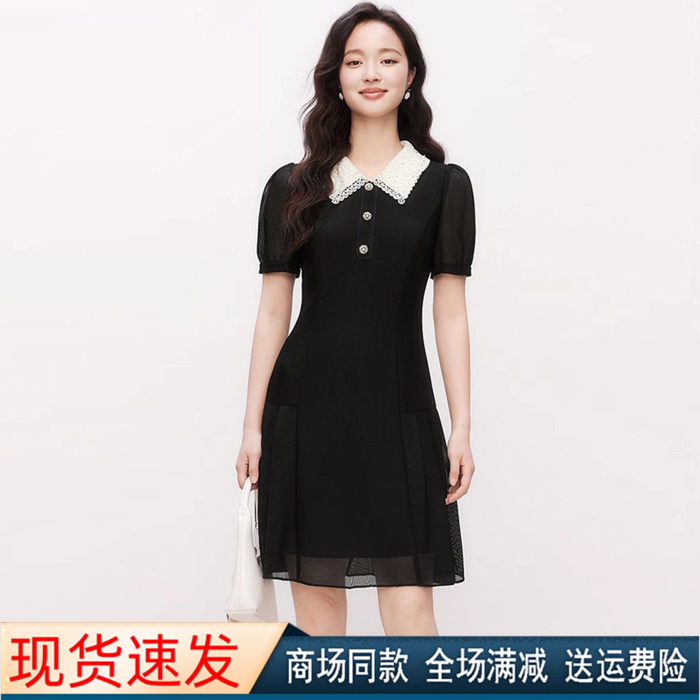夏季新款翻领短袖黑色显瘦连衣裙