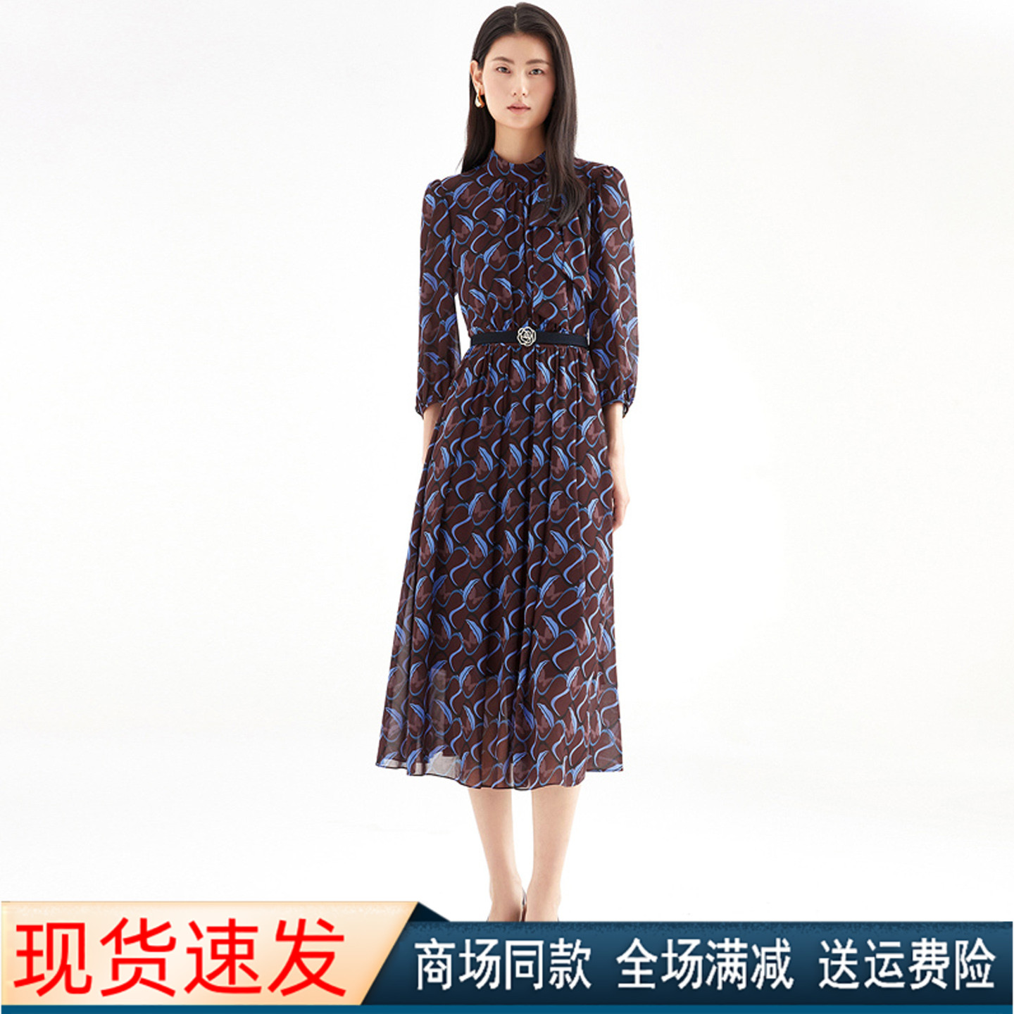 夏秋季新款印花中长款连衣裙子女