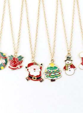 欧美跨境圣诞节卡通合金滴油项链圣诞老人铃铛儿童饰品挂件装饰品