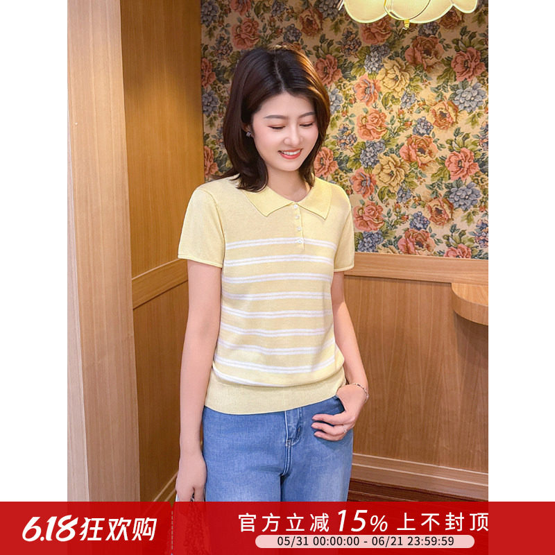 紫璐莱夏日晴纹~韩系减龄莱赛尔条纹Polo领显瘦短袖针织衫上衣25X