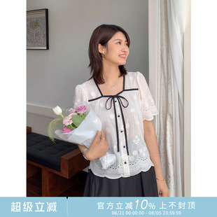 紫璐莱南法甜姐 上衣夏30X 法式 甜美重工花朵镂空刺绣系带方领衬衫